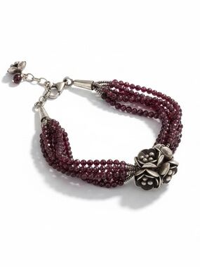 Multi-Strand Garnet Bead Bracelet with Sterling Silver Floral Clasp